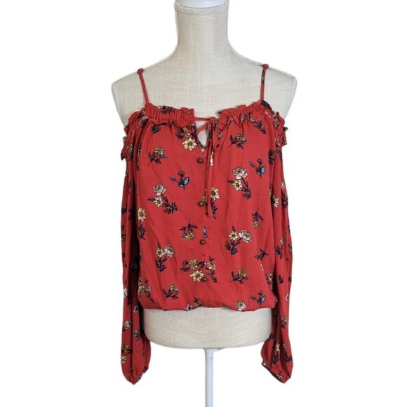 Mason Belle Orange Floral Cold Shoulder Top Women's - Picture 2 of 7